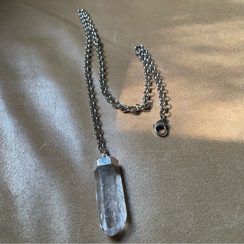 Quartz crystal lariat necklace silver rolo chain layer minimal luxe Y necklace - Picture 5 of 7